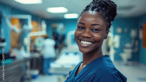 a nurse smiling in a hospital., in the style of vibrant colorism, dark navy and amber, black arts movement