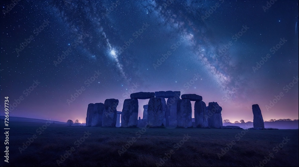 Nighttime landscape with the stone circle. Generative AI.