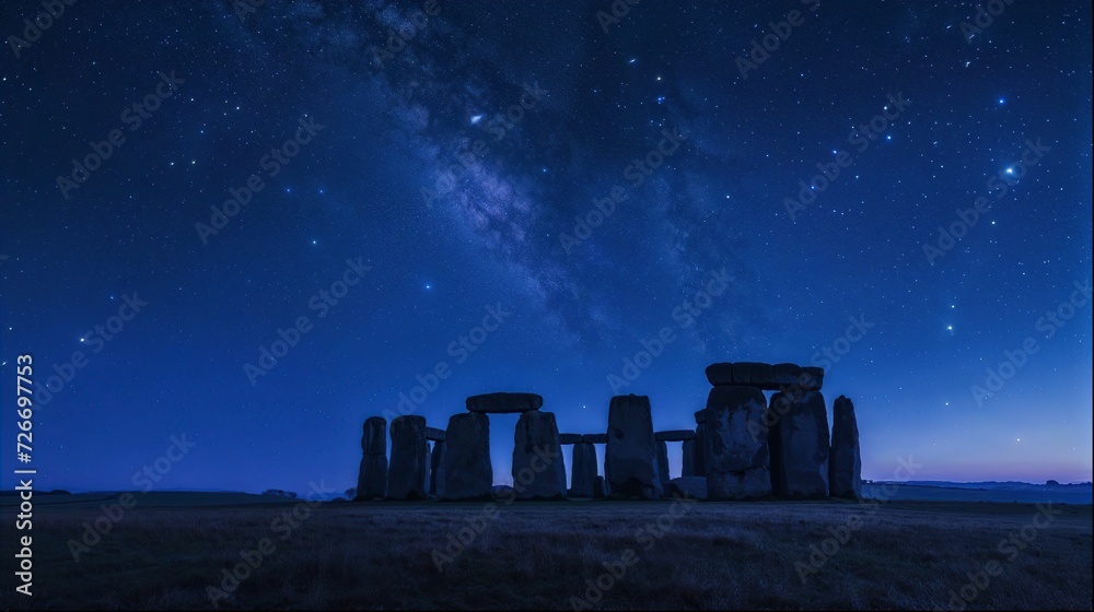 Nighttime landscape with the stone circle. Generative AI.