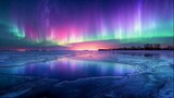 Aurora Borealis reflecting on a frozen lake. Generative AI.