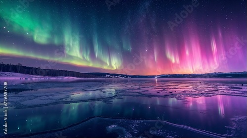 Aurora Borealis reflecting on a frozen lake. Generative AI.