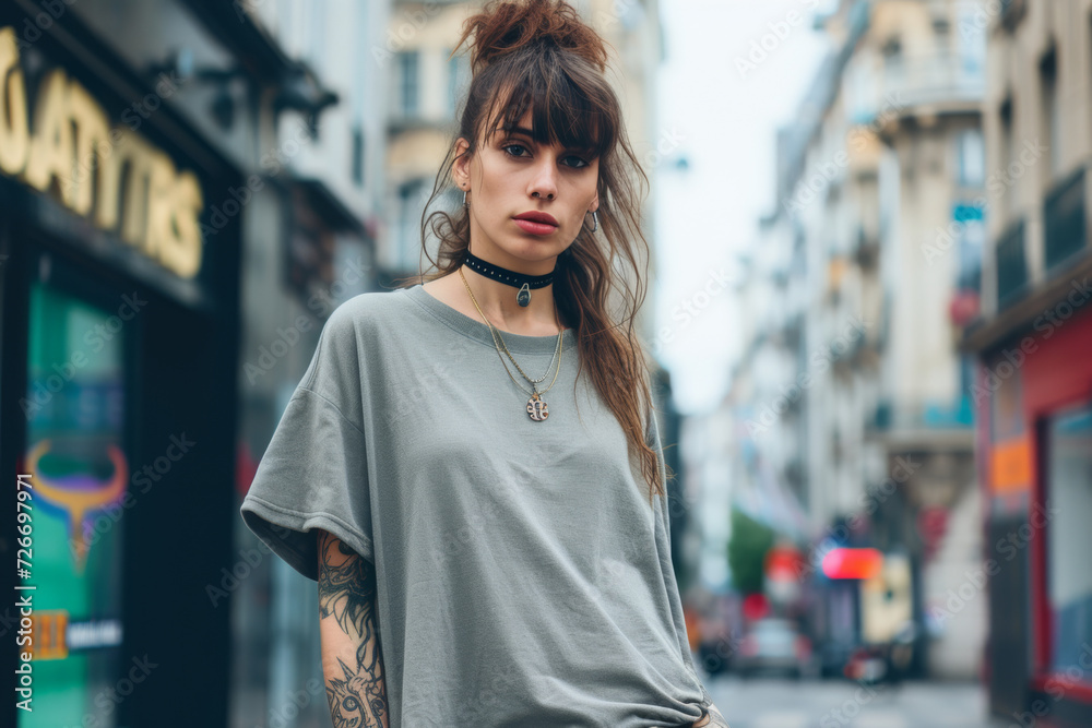 A woman wearing a choker and a grey t-shirt stands in front of a building that says santos