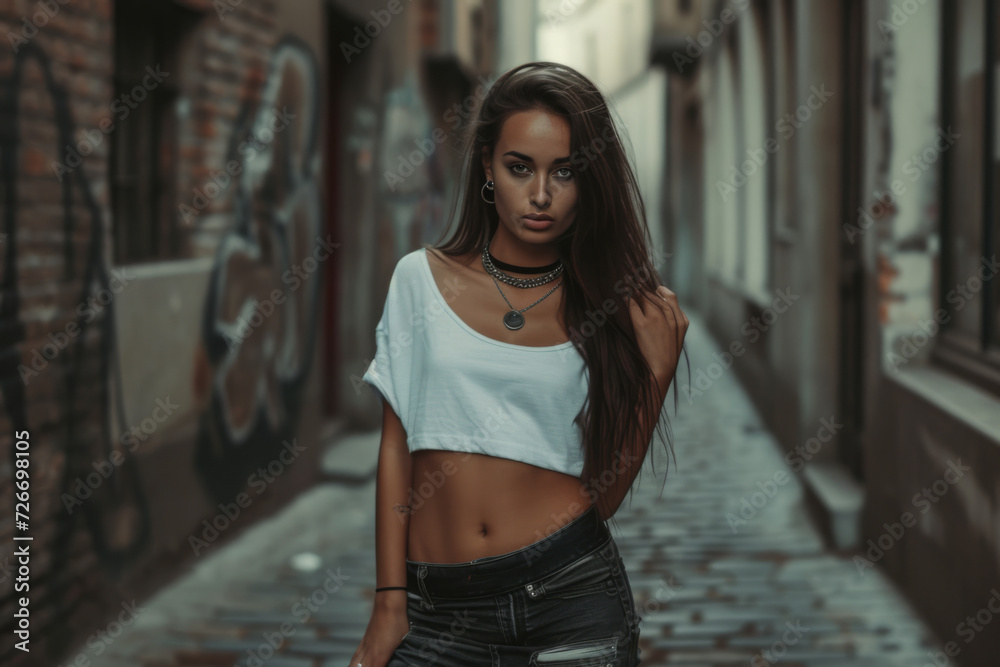A woman wearing a choker and a white crop top stands in an alleyway