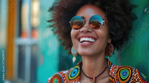 afro woman wearing a colorful outfit and sunglasses is smiling, in the style of lens baby optics, tattoo-inspired © Ivy