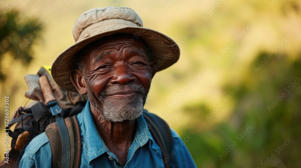 aging black man smiling while hiking the trails aging black man smiling while hiking the trails
