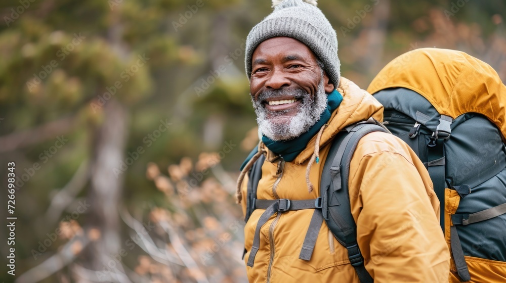 an older man smiling as he hikes