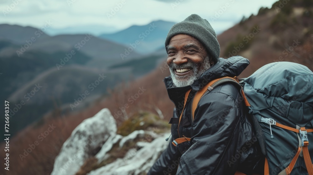 an older man smiling while hiking, in the style of Afrofuturism-inspired