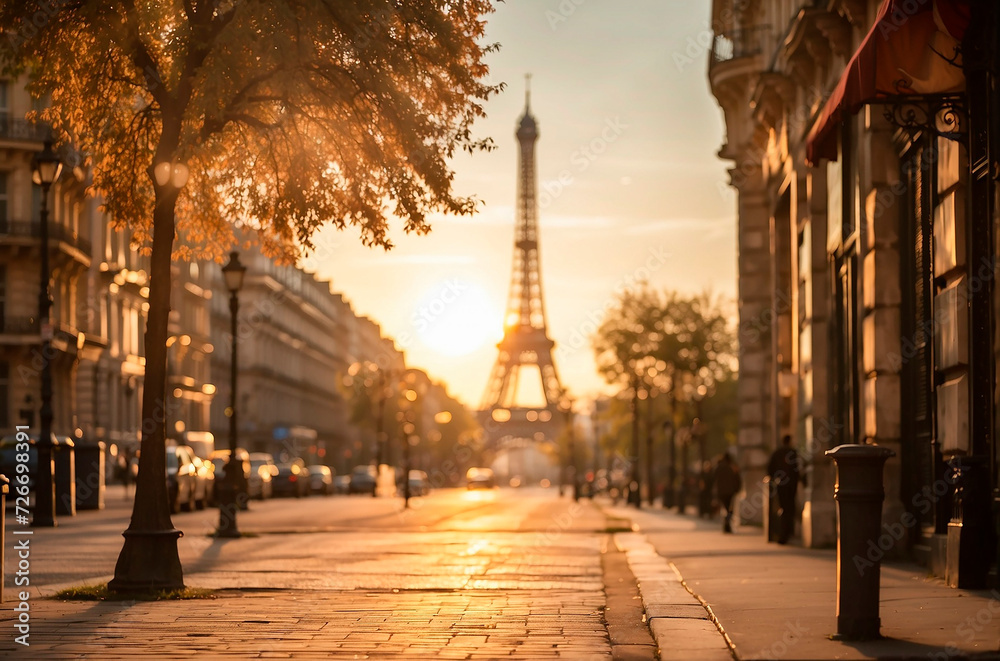 Paris under the first rays of morning sunlight, generative ai