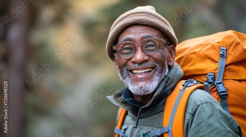 an older man smiling as he hikes