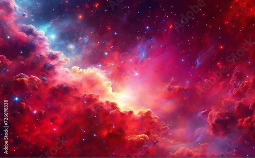 Abstract dynamic fantasy red space and stars colorful background with sparks and clouds