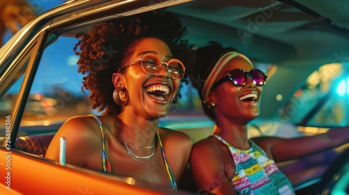 two women smiling as they ride in a car photo