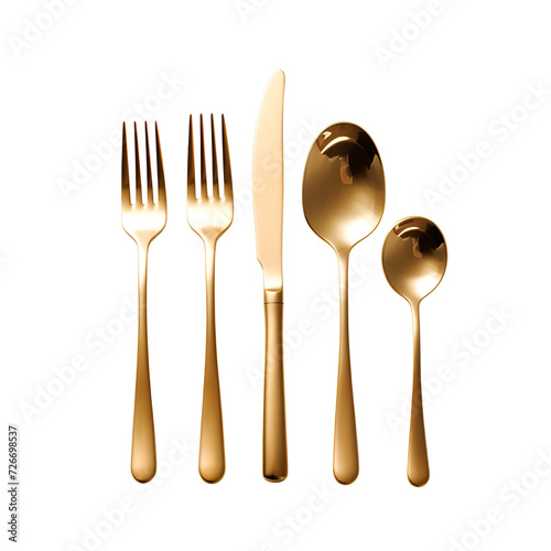 Artwork Design Mockup Template for Golden Cutlery Set: Spoon, Fork, and Knife, Isolated on Transparent Background, PNG