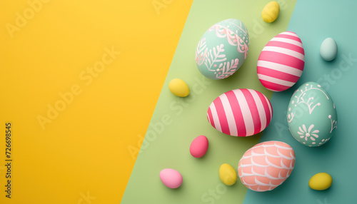easter eggs on a colorful geometric color back ground , blue , yellow, green pastel 