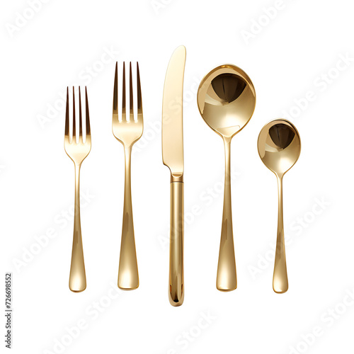 Gold Cutlery Set Artwork Design: Mockup Template for Spoon, Fork, and Knife, Isolated on Transparent Background, PNG