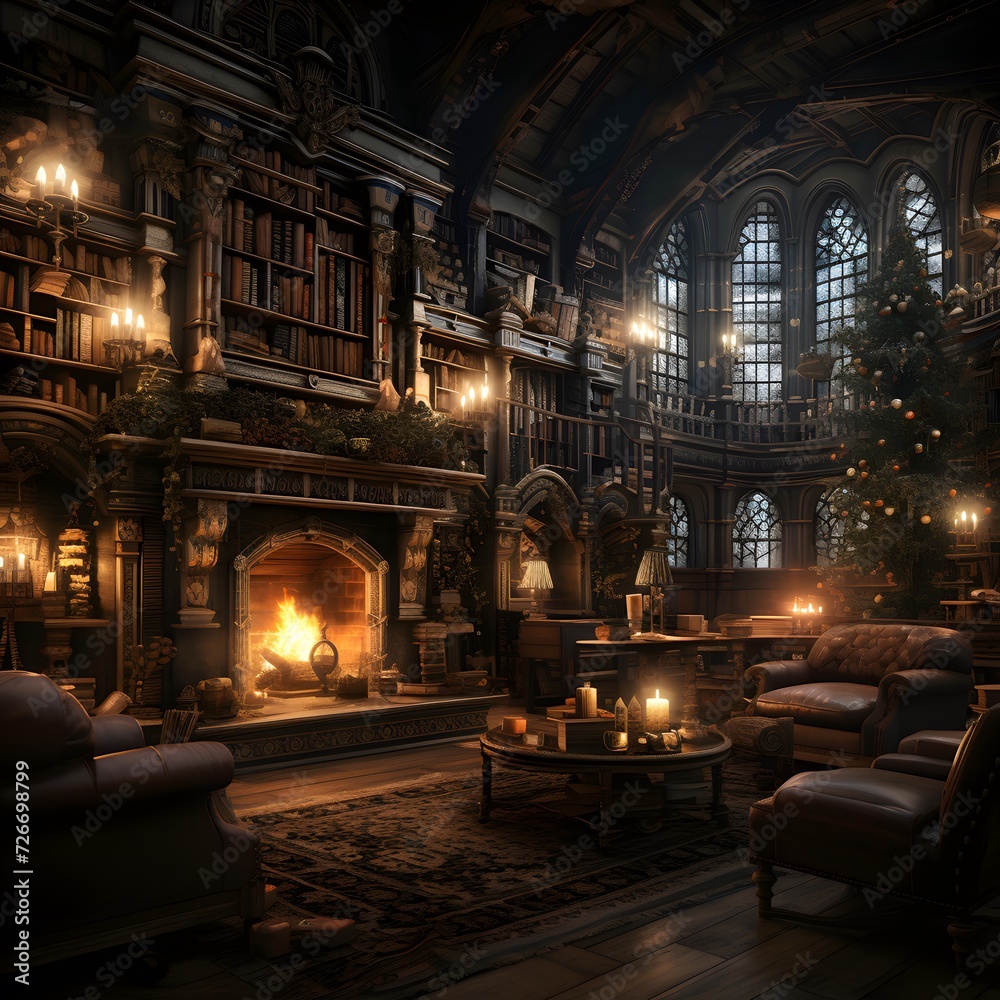 Interior of a church with christmas tree and fireplace. 3D rendering