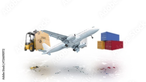 Animated rotation of aircraft, forklift, container and cargo vehicle. International logistics and transportation industry