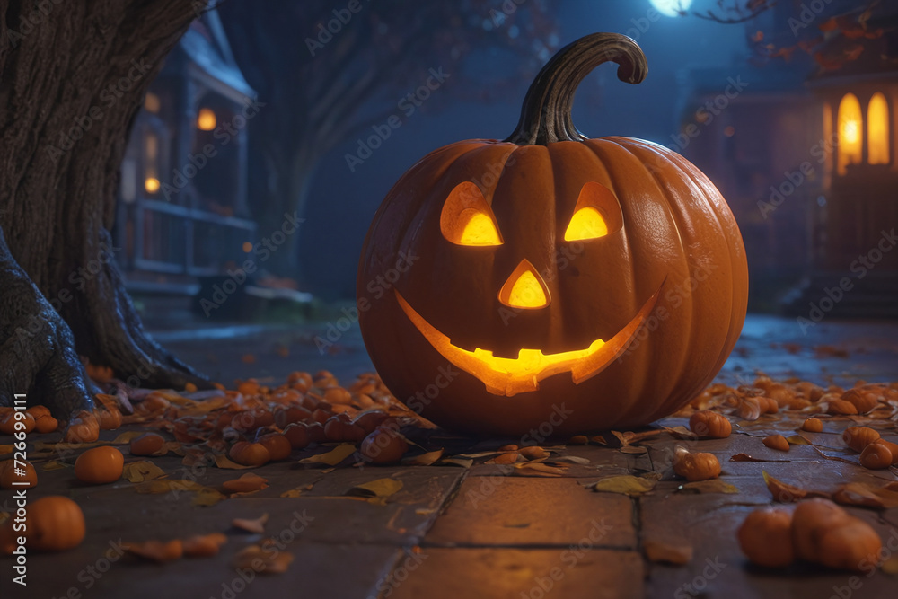 Fototapeta premium Jack o lantern, carved pumpkin at Hallowween evening