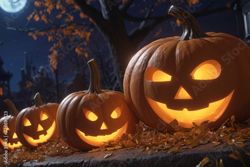 Jack o lantern, carved pumpkin at Hallowween evening