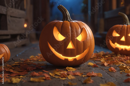 Jack o lantern, carved pumpkin at Hallowween evening