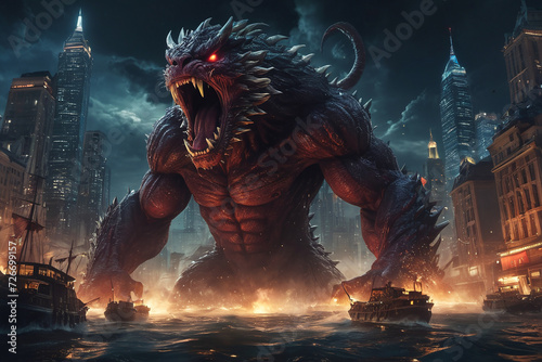 Dreadful kraken attack city at night