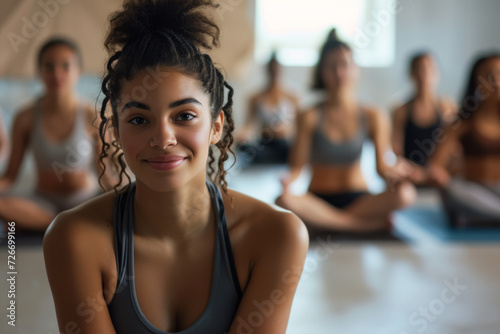 A woman is smiling in front of a group of women doing yoga