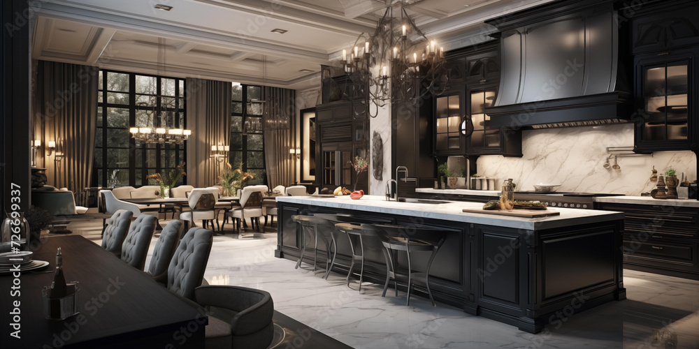 Realistic closeup of luxurious Modern Kitchen Interior, Efficient Modern Kitchen Sleek Design, a fashionable kitchen two separated dinning table, decorated with a variety of accessories - obrazy, fototapety, plakaty 