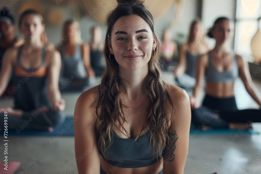 A woman with a tattoo on her arm is smiling while sitting on a yoga mat A woman with a tattoo on her arm is smiling while sitting on a yoga mat