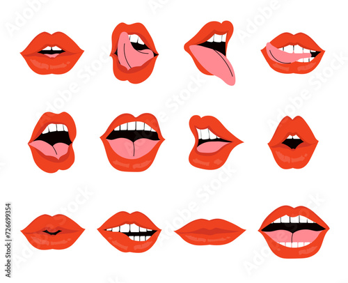 Mouth expression. Red female lips collection. Vector illustration of sexy woman's lips expressing different emotions.Smile, kiss. Beauty concept, Pop art, Fashion background.