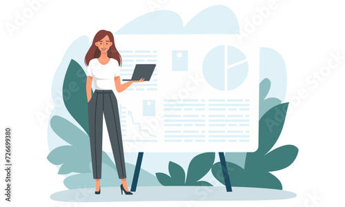 Flat vector illustration. Woman standing next to a large banner and holding a laptop, online presentation. Presentation and banner for a web site. . Vector illustration