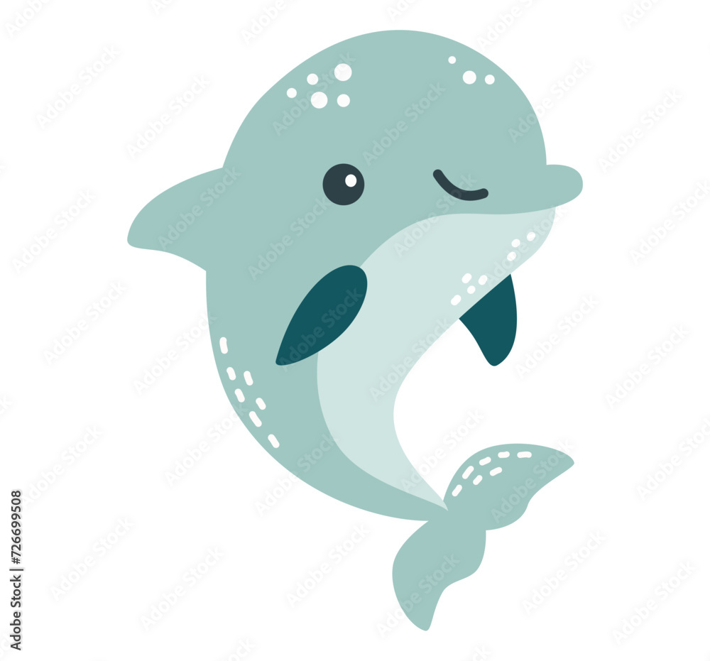 Obraz premium Flat vector illustration in children's style. Cute dolphin with smiling face on white background . Vector illustration