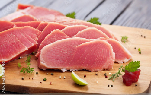Close up of Fresh raw Tuna fillet steak and sashimi on wooden board background, delicious food for dinner, healthy food, ingredients for cooking