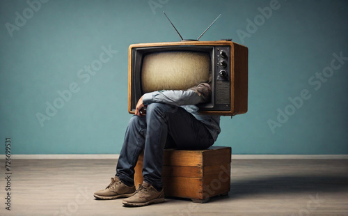 Man with an old television instead of a hea, Man with tv instead of his head, cartoon style, Propaganda concept, Media brainwashing idea. Explore the impact of media influence in this creative concept