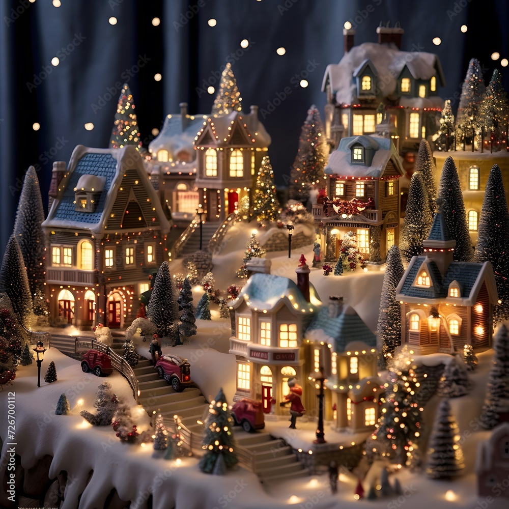 Christmas and New Year miniature village with houses, trees, snow and lights