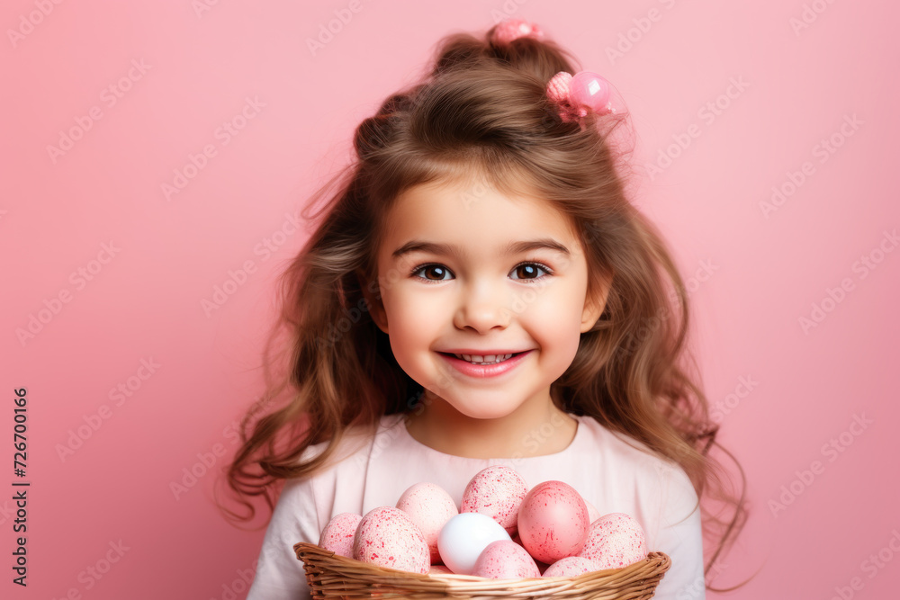 Beautiful cute little girl holding a basket with colored eggs on a pink background. Beautiful cute little girl holding a basket with colored eggs on a pink background.
