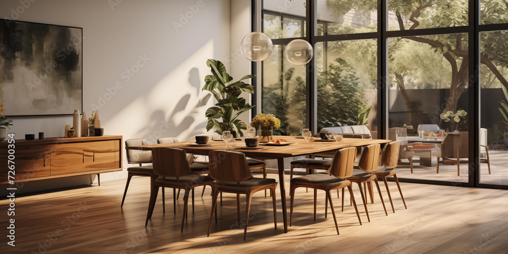 Realistic closeup of luxurious Modern Kitchen Interior, Efficient Modern Kitchen Sleek Design, a fashionable kitchen with dinning table and numbers of pendant, and wooden shelf with green plant