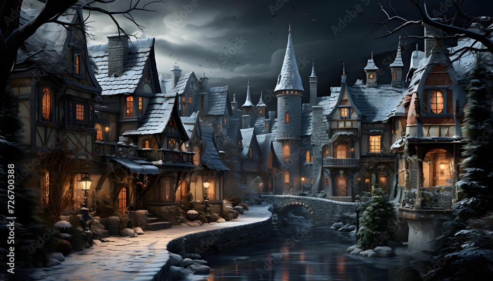 Winter fairy tale scene with old wooden houses at night. Panorama