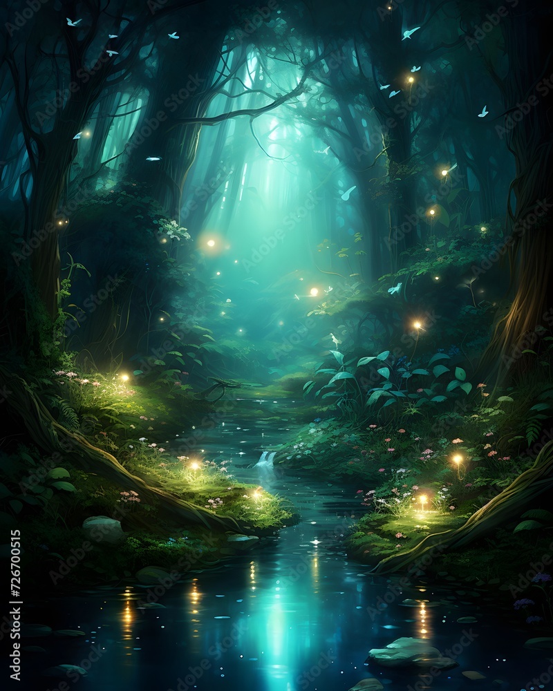 Fantasy forest in the light of the night. 3d rendering