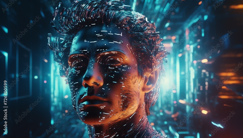 Futuristic digital human face with glowing particles, representing artificial intelligence or virtual reality, against a neon circuit background.