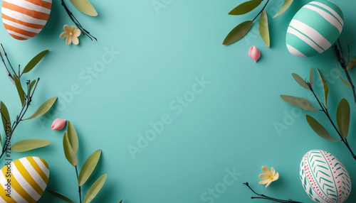 easter egg decorations with spring foliage on teal background with copy space for text  