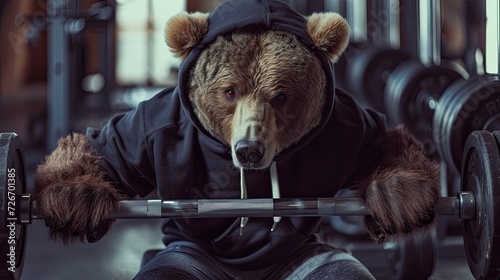 a bear with fur and brown eyes dons a black hoodie and grey shorts, showcasing strength and determination while lifting heavy weights in the gym, enveloped in an atmosphere of motivation.