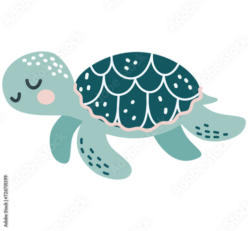 Flat vector illustration in children's style. Cute turtle with smiling face on white background . Vector illustration
