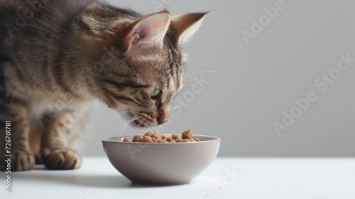 a cat peeking its head out from under the table, drawn by the aroma of wet cat food in a bowl placed on the table, against a clean white background, showcasing the irresistible allure of feline dining