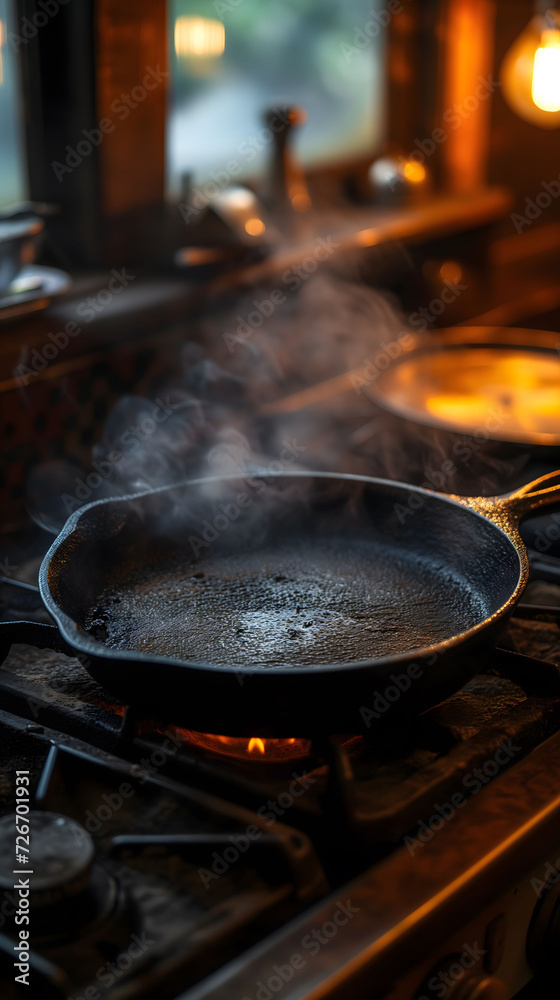 Heated Empty Cast Iron Skillet on a Gas Stove Heated Empty Cast Iron Skillet on a Gas Stove