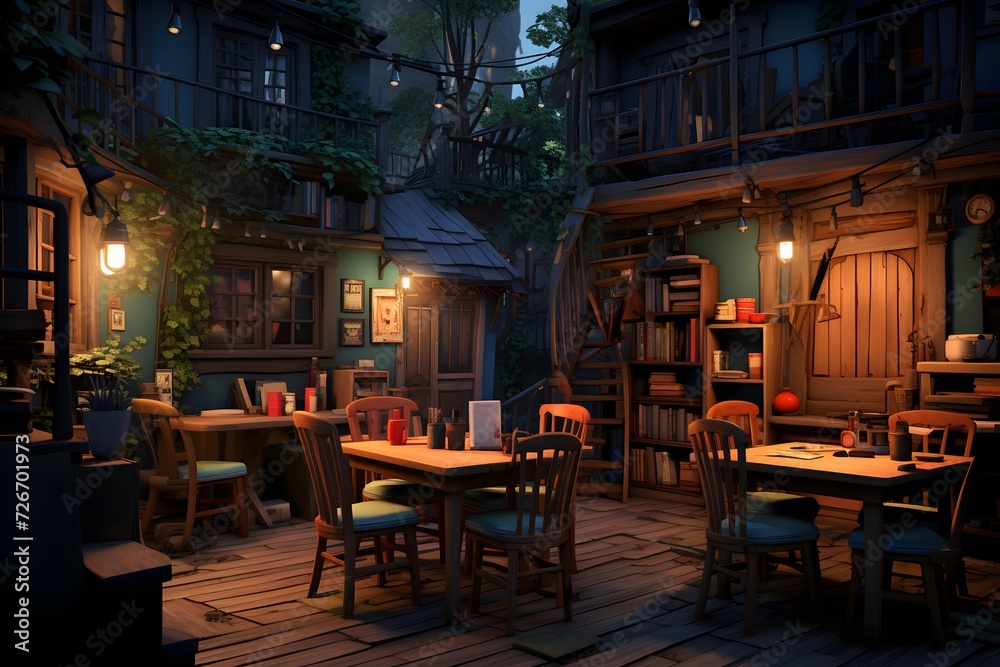 Night terrace with tables and chairs in a cozy restaurant. 3d rendering