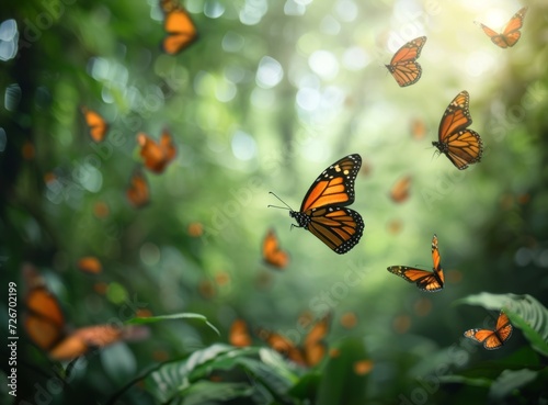 Bright butterflies flying over green leaves in a sunny garden, close-up of colorful wings and natural beauty. © Artsaba Family