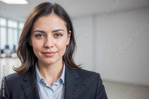 Dynamic Young Businesswoman Executive Stands Confidently in Office Setting, Radiating Joy