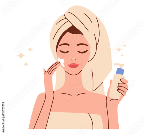 Flat vector illustration. Nice woman after shower, in towel, can cream on face. Concept of self-care and self-love . Vector illustration