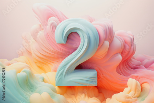 3D number two on colorful, dreamy background. Symbol 2. Invitation for a second birthday party, business anniversary, or any event celebrating a second milestone. Pastel colors. photo