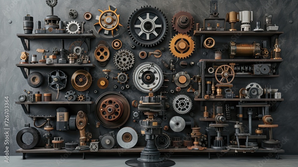 drum brakes, gears, and assorted metal components artfully displayed on a pedestal, against a grey, oxidized background, evoking an industrial ambiance that celebrates precision and craftsmanship. drum brakes, gears, and assorted metal components artfully displayed on a pedestal, against a grey, oxidized background, evoking an industrial ambiance that celebrates precision and craftsmanship.