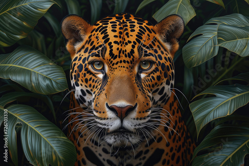 An intense gaze from a stunning jaguar  perfectly camouflaged amongst lush greenery  embodies the spirit of the wild  commanding respect and awe.